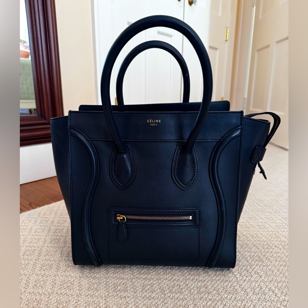 Celine Mini Luggage Handbag in Smooth Navy Leather with Gold Hardware